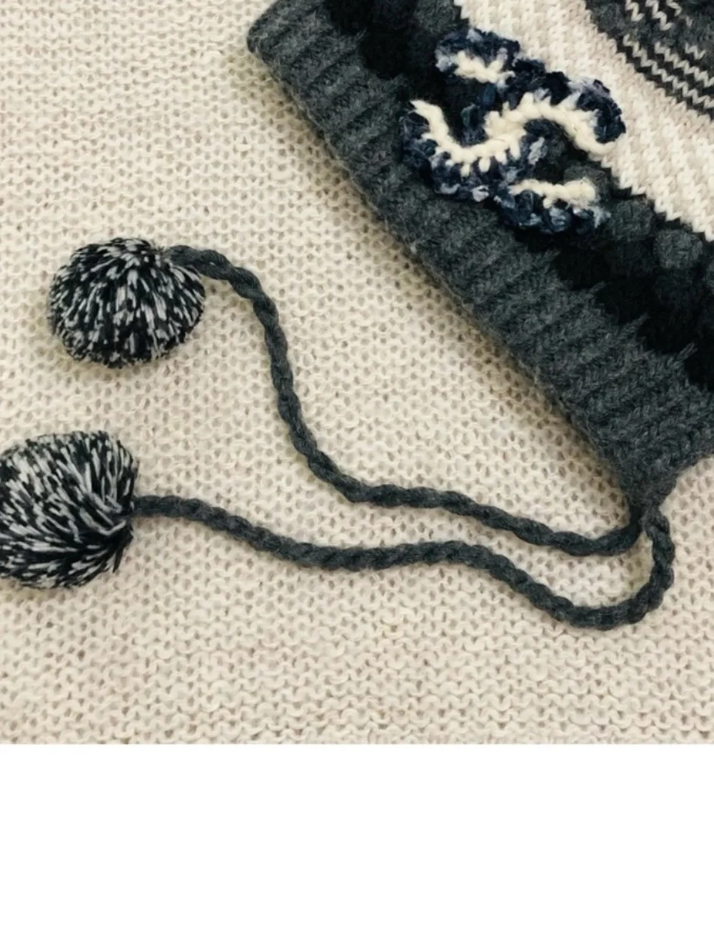 CC (Chanel) Kids Gray Knit Earflap Beanie with Navy & White Accent